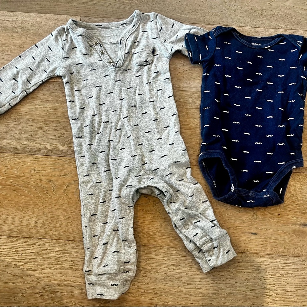 Set/Bundle of 2 Carter's Mustache Print Baby Onesies/Rompers
